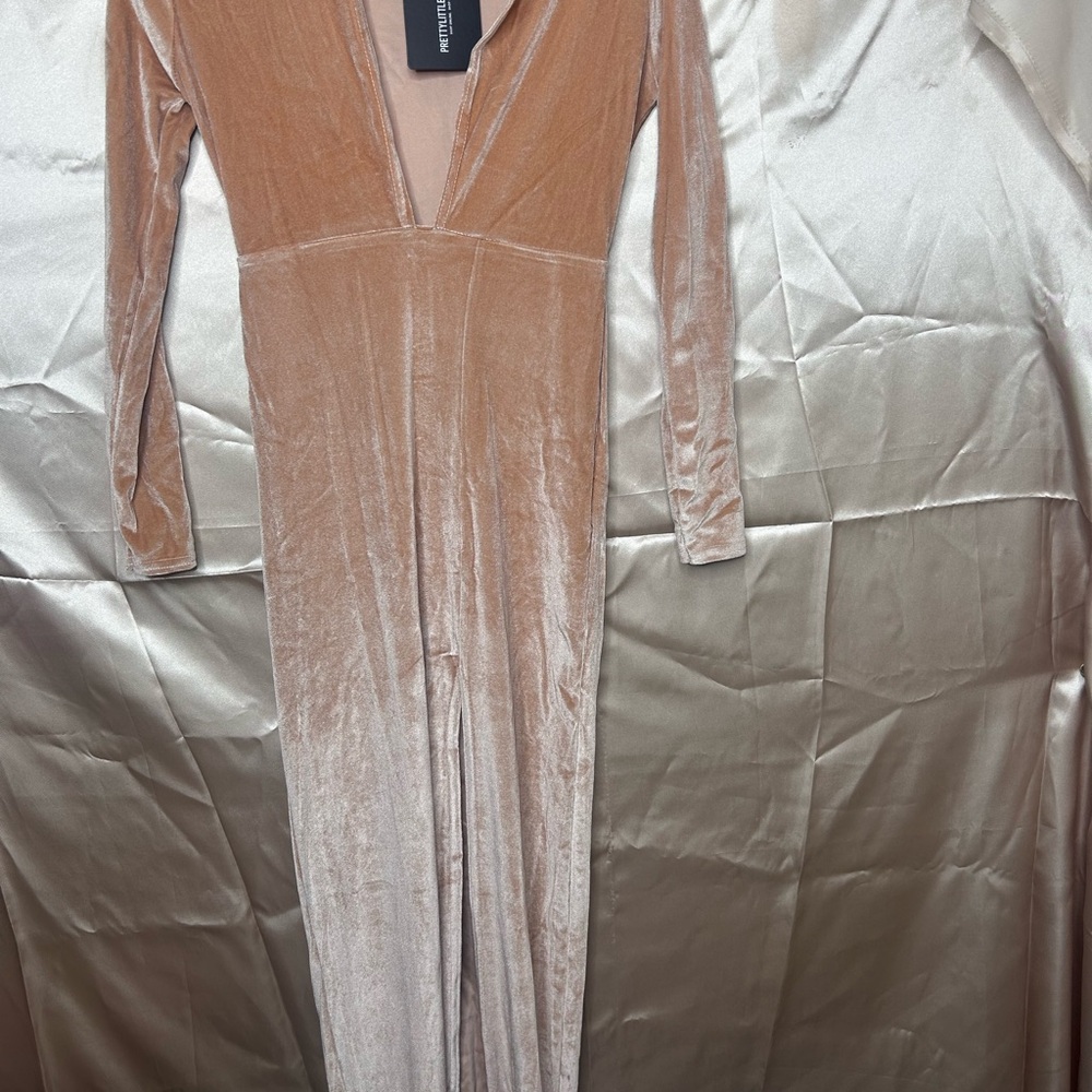Pretty Little Thing Velvet Long Sleeve Jumpsuit in Tan size 2